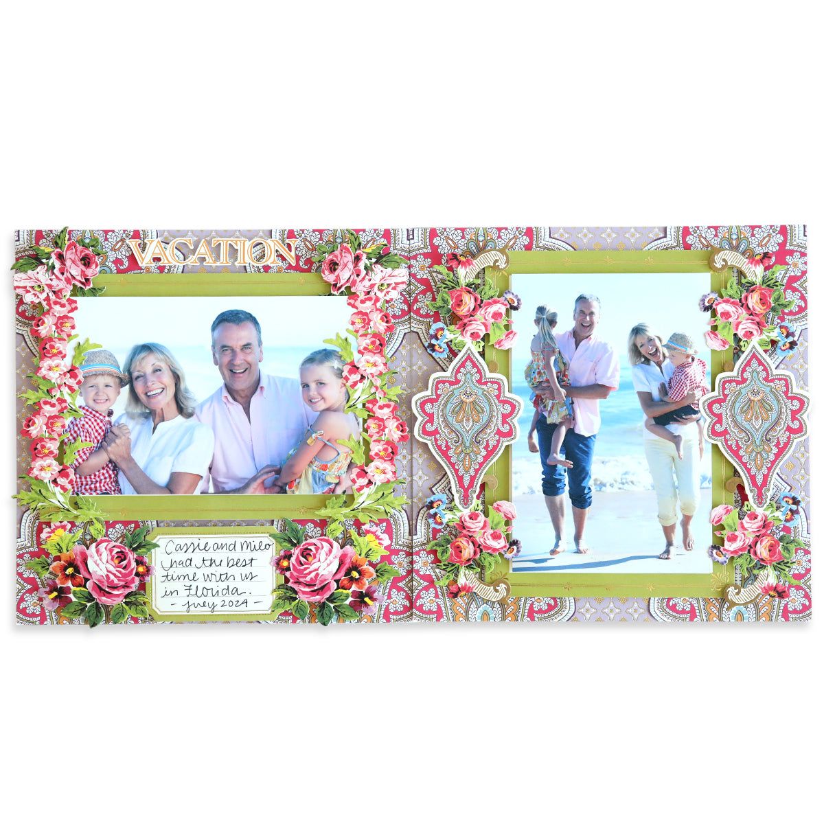 A family scrapbook page beautifully adorned with "Paisley Papers and Embellishments" showcases two photos of a family enjoying their time at the beach. The pictures are framed with floral patterns and charming decorations, featuring text that highlights a vacation in Florida, July 2021, adding a whimsical touch to these treasured memories.