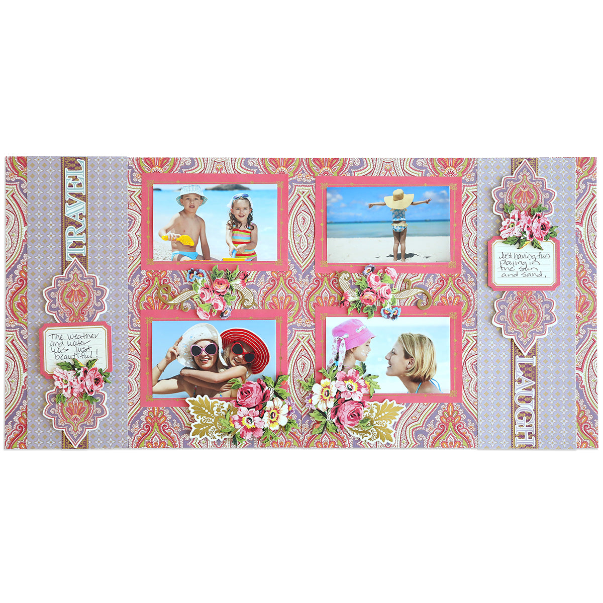 A vibrant scrapbook page crafted from Paisley Papers and Embellishments, featuring five beach-themed photos adorned with intricate paisley patterns and floral accents. The words "Travel" and "Dream" embellish the sides, while journaling blocks are nestled in the corners.