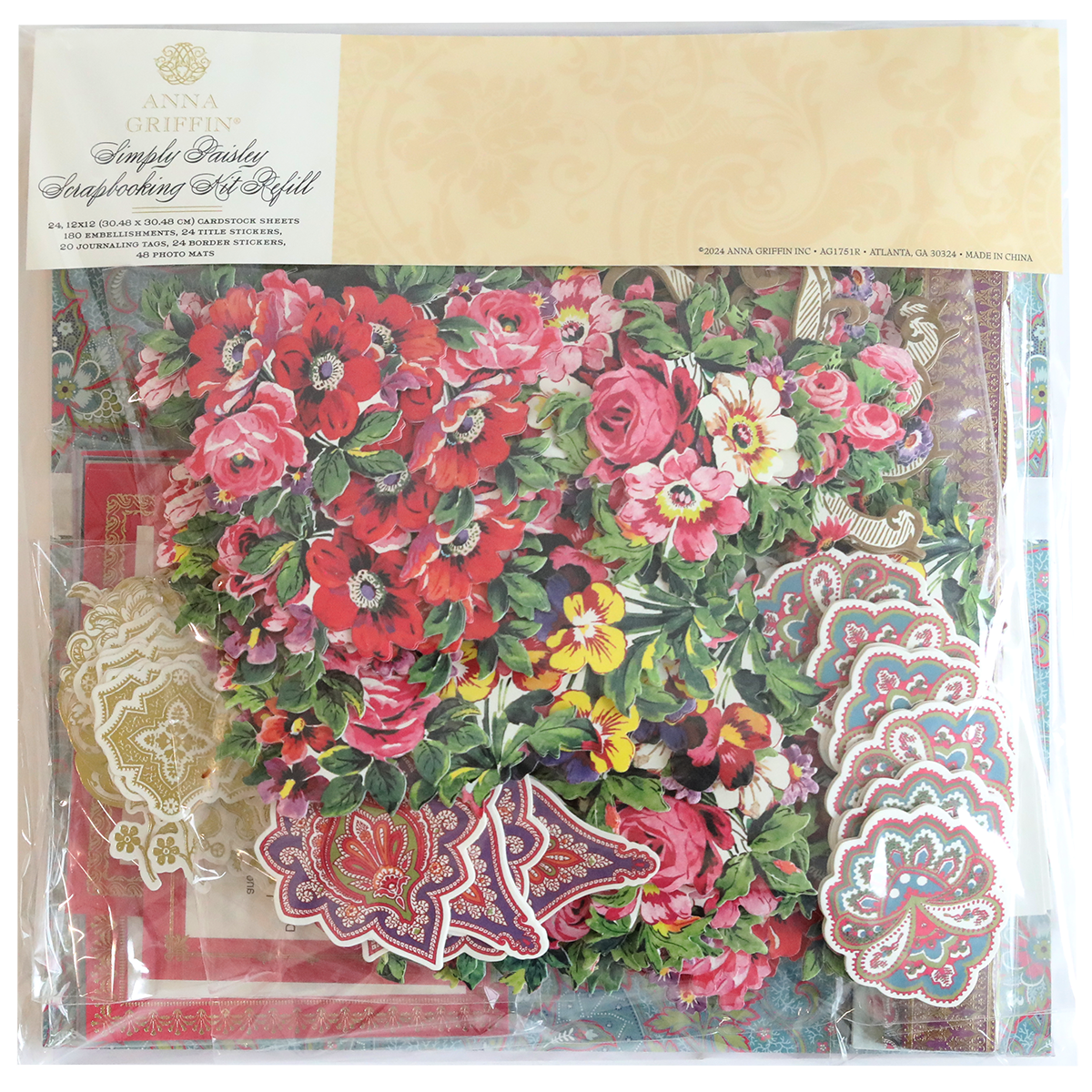 The Paisley Papers and Embellishments kit offers floral and paisley-patterned decorative paper cutouts, ideal for adding charming touches to your scrapbook pages.