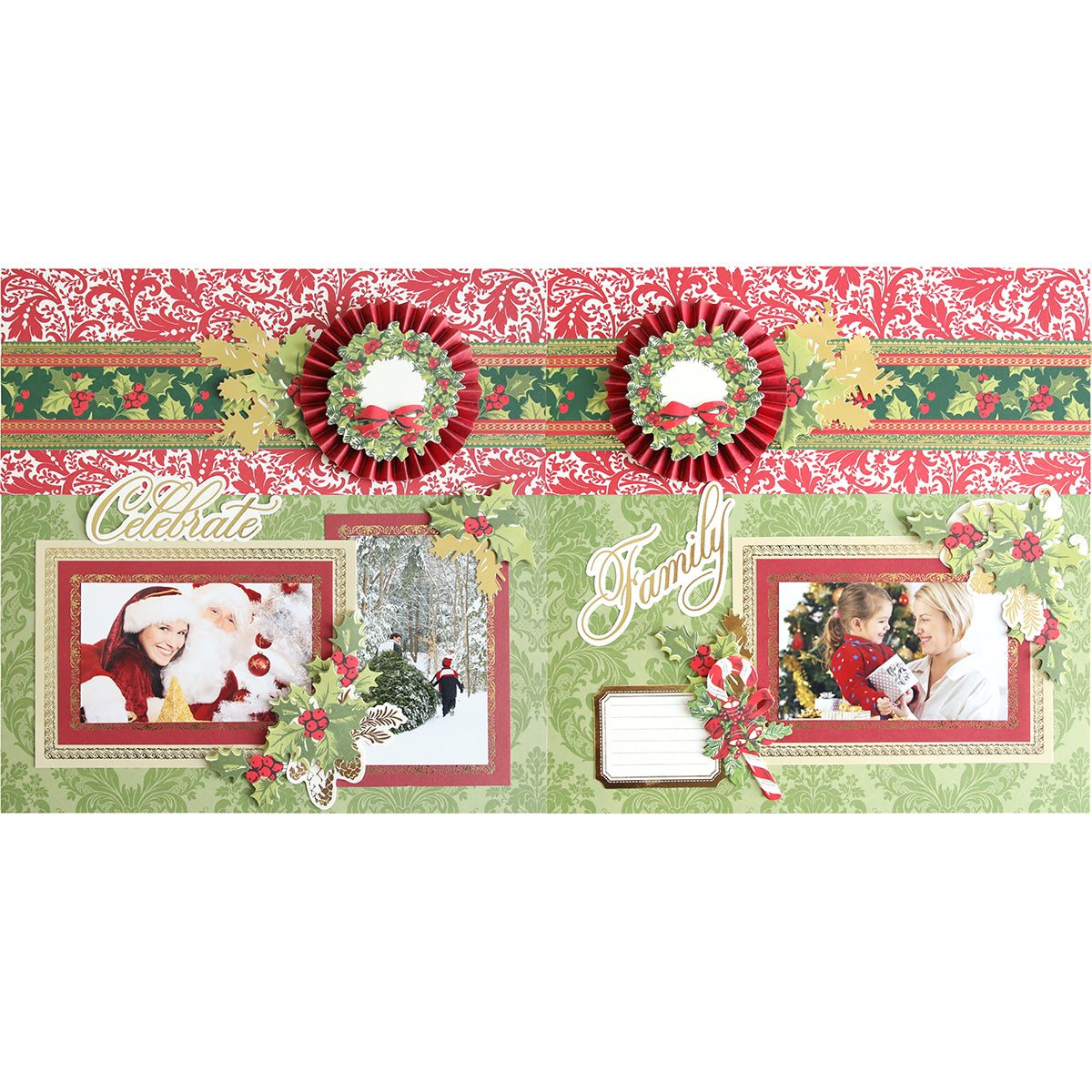 Scrapbook page with festive red and green patterns, holiday decorations, and photos of family celebrating Christmas. The words "Celebrate" and "Family" are featured prominently, making this part of your Simply Noel Scrapbooking Kit an essential piece for any Christmas album.