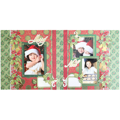 A holiday-themed scrapbook page with photos of a child wearing a Santa hat, holding an ornament, and baking cookies. The page, perfect for your Christmas album, is decorated with festive patterns and the words "Merry" and "Noel" from the Simply Noel Scrapbooking Kit.