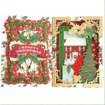 A decorated Christmas Double Sided 300gsm Cardstock with a “Merry Christmas” message and a festive design featuring holly, a house, a Christmas tree, and gold accents on double-sided papers.