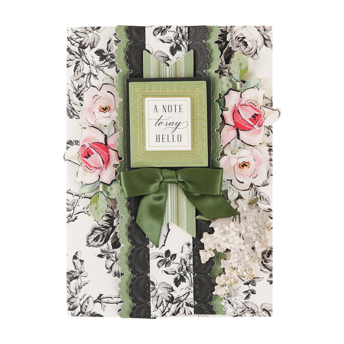 Crafted from premium Toile Doublesided 300gsm Cardstock for lasting quality, this elegant greeting card features a floral design of pink and white roses, accented by a green bow and a gold-bordered label with the message “A note to say hello” on the front. Thoughtful and refined, it makes every sentiment special.