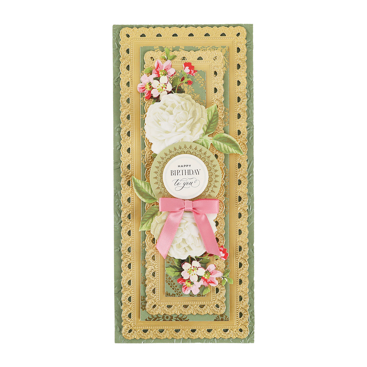 A decorative birthday card crafted from Toile Doublesided 300gsm Cardstock, featuring layered gold edges, white flowers, pink blossoms, green leaves, and a pink ribbon bow. The center reads “Happy Birthday to you.”.