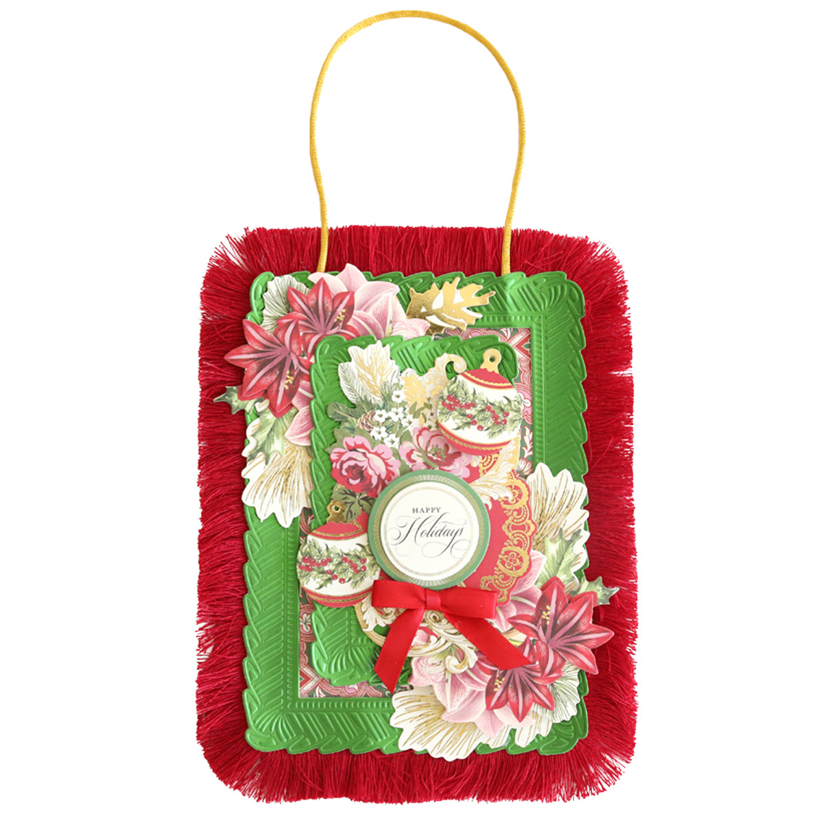 A decorative holiday card with red fringe, gold string, and floral designs featuring Christmas ornaments and the text "Happy Holidays". The perfect embodiment of Christmas Perfect Palette Fringe, this card dazzles with holiday-inspired colors.