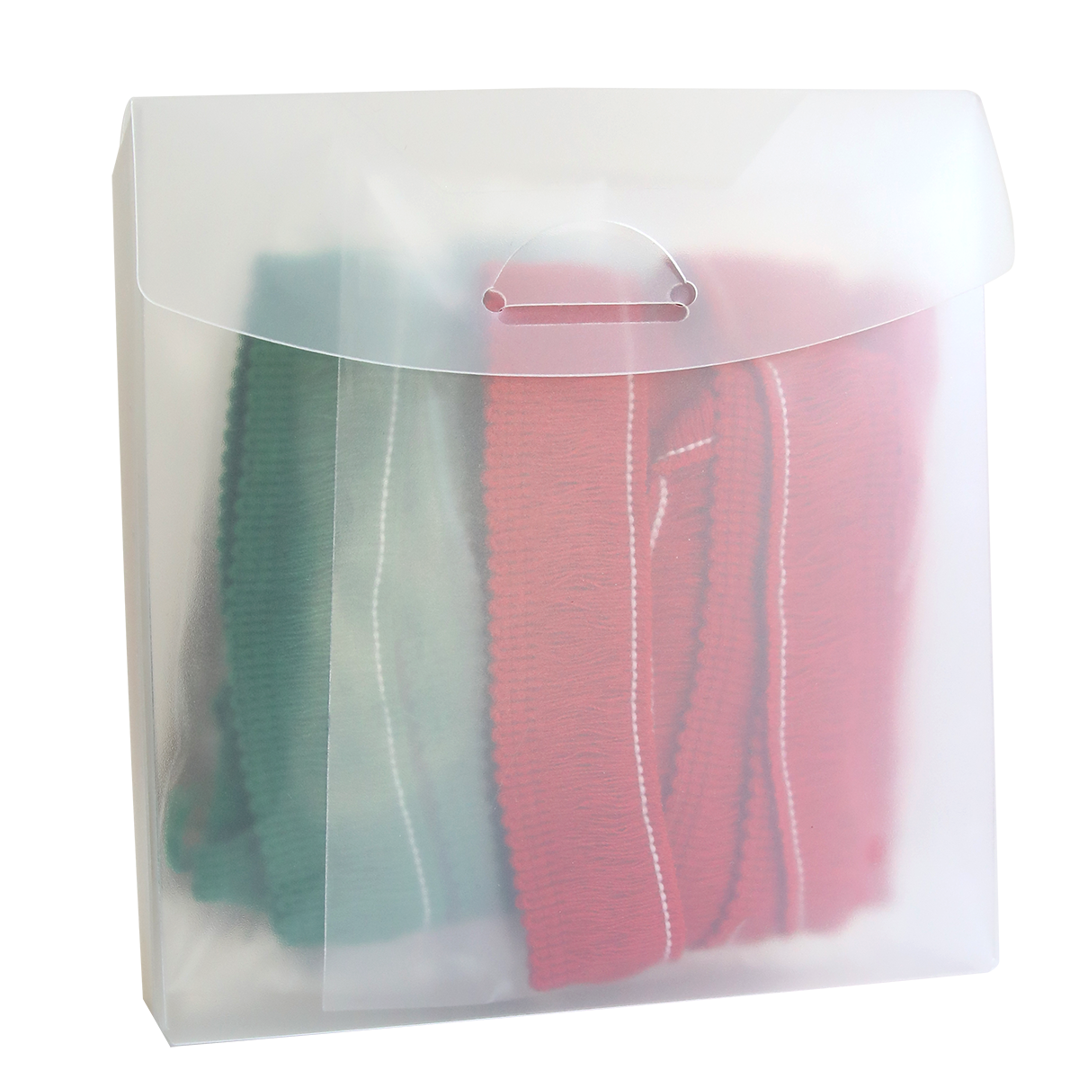 Translucent plastic pouch containing folded green and red fabric with visible white stitching, embodying the Christmas Perfect Palette Fringe.