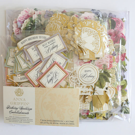 A package of the Birthday Greetings Refill Kit, including various cut-out designs, floral stickers, and tags with messages like "Happy Birthday to You" and "Best Wishes on Your Birthday." Perfect for creating a personalized birthday greetings card making kit.