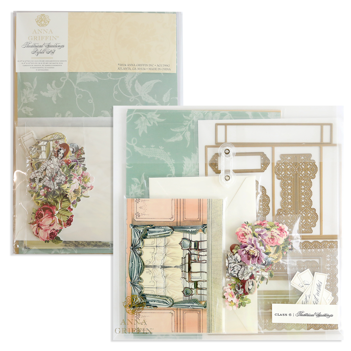 Theatrical Greetings Encore Set featuring two packages of crafting supplies with decorative die-cut cardstock, floral embellishments, and envelopes.