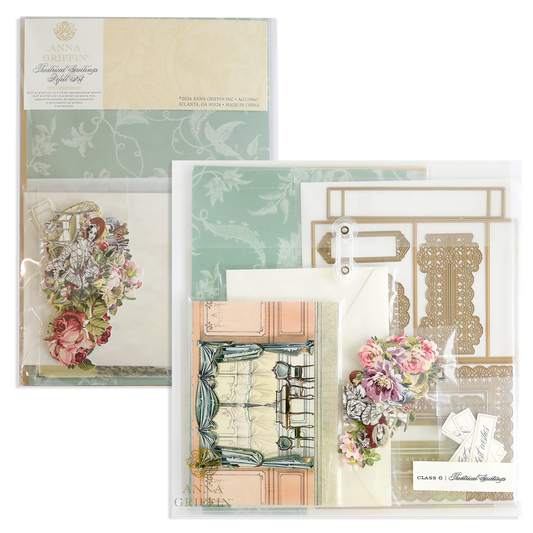 Theatrical Greetings Encore Set featuring two packages of crafting supplies with decorative die-cut cardstock, floral embellishments, and envelopes.