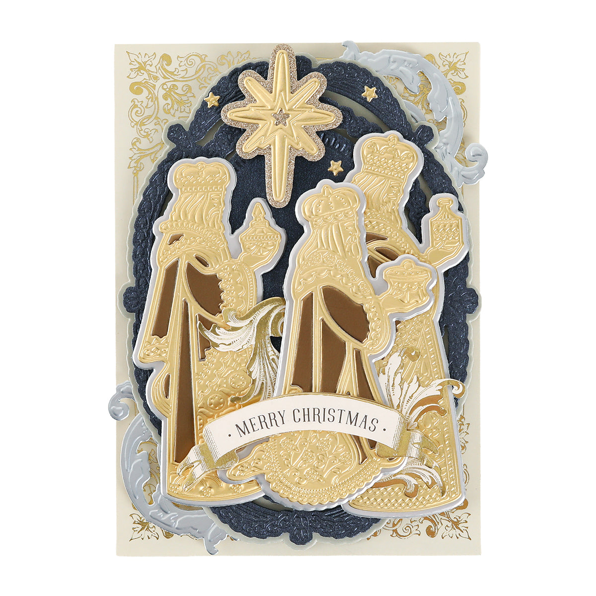 A festive Christmas card featuring gold-embossed Three Wise Men crafted with the Three Wise Men 3D Dies, a shining star above them, and an ornate “Merry Christmas” banner on a decorative background.