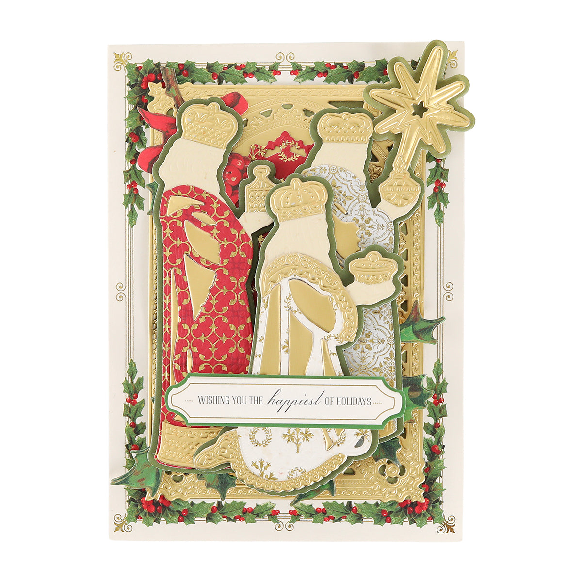 Greeting card featuring ornate illustrations of the three wise men, gold detailing, holly borders, and a banner reading “Wishing you the happiest of holidays.” Perfect for Christmas, this design beautifully highlights the Three Wise Men 3D Dies with elegant detail.