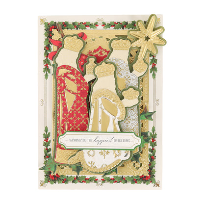 Greeting card featuring ornate illustrations of the three wise men, gold detailing, holly borders, and a banner reading “Wishing you the happiest of holidays.” Perfect for Christmas, this design beautifully highlights the Three Wise Men 3D Dies with elegant detail.