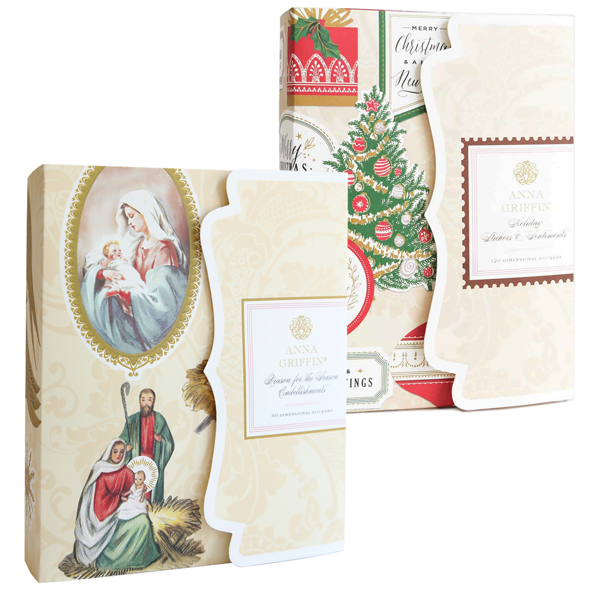 Reason for the Season Sticker Bundle featuring two folders with nativity scenes, Christmas trees, and floral motifs, ideal as dimensional embellishments for handmade Christmas cards.