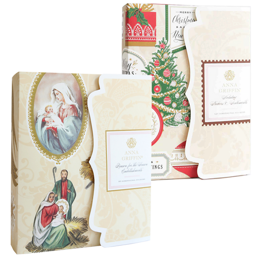 Reason for the Season Sticker Bundle featuring two folders with nativity scenes, Christmas trees, and floral motifs, ideal as dimensional embellishments for handmade Christmas cards.