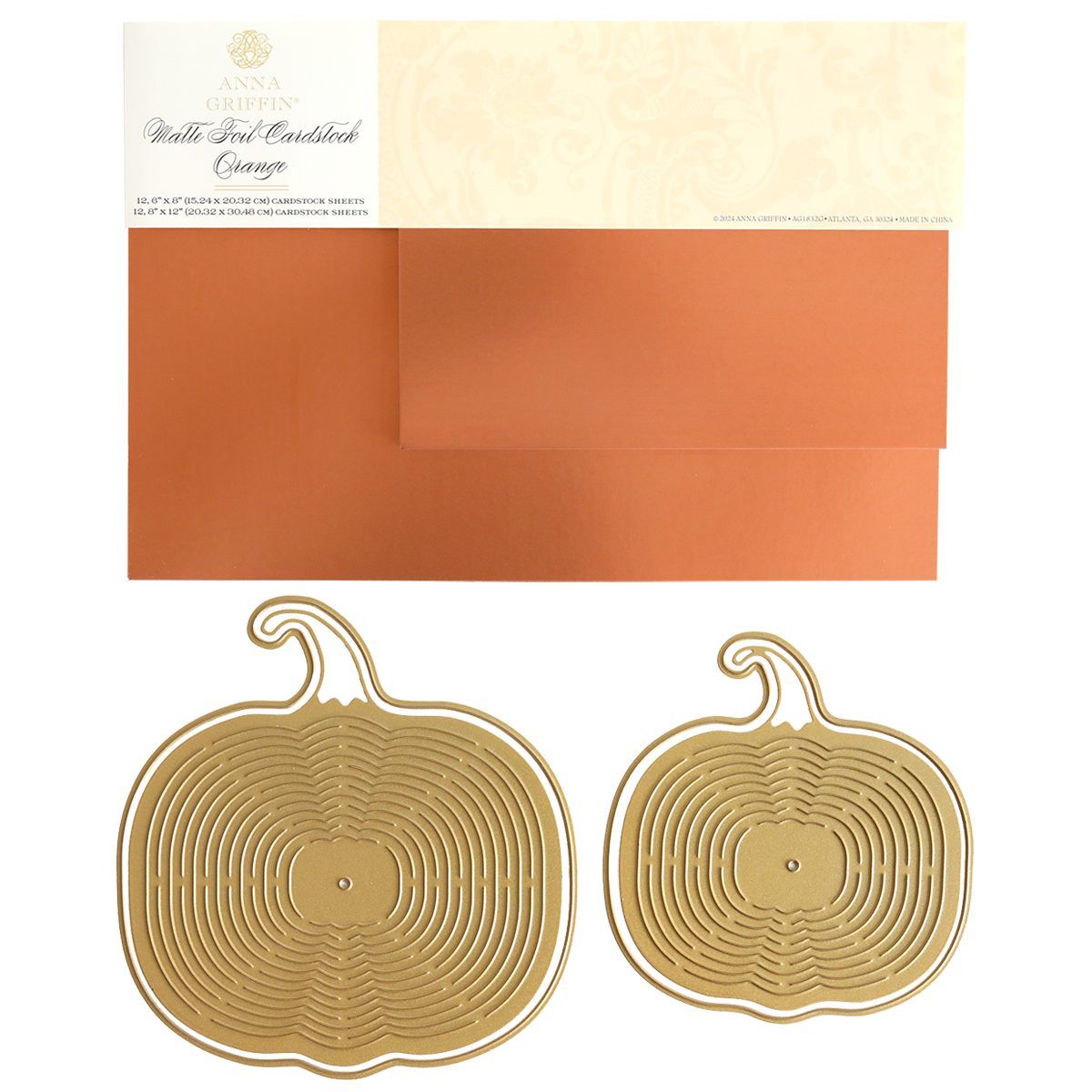 Pumpkin Patch Kirigami Dies and Foil Cardstock includes two gold pumpkin dies, orange envelopes, and cream card—ideal for autumn crafts with orange matte foil cardstock.