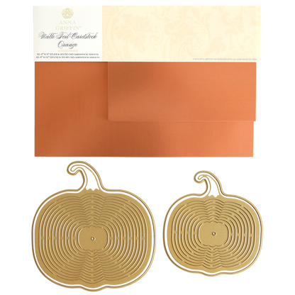 Pumpkin Patch Kirigami Dies and Foil Cardstock includes two gold pumpkin dies, orange envelopes, and cream card—ideal for autumn crafts with orange matte foil cardstock.