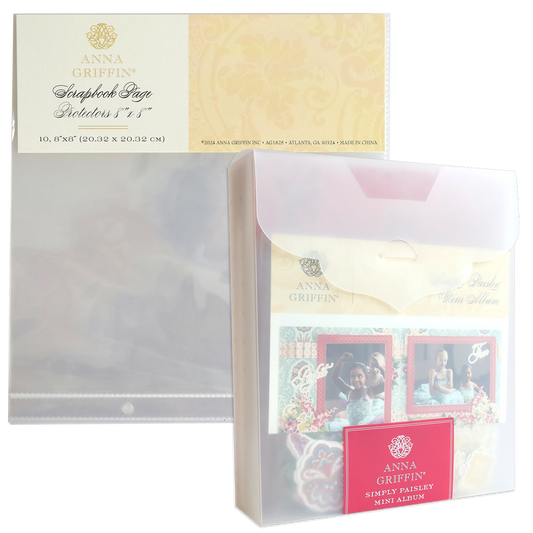 Create and preserve your memories with the Simply Paisley Mini Album with 8x8 page protectors by Anna Griffin. This stylish kit includes a mini album bundled with a pack of 10 clear 8″x8″ scrapbook page protectors, all neatly packaged in a translucent plastic folder—offering both convenience and elegance for any scrapbooking project.