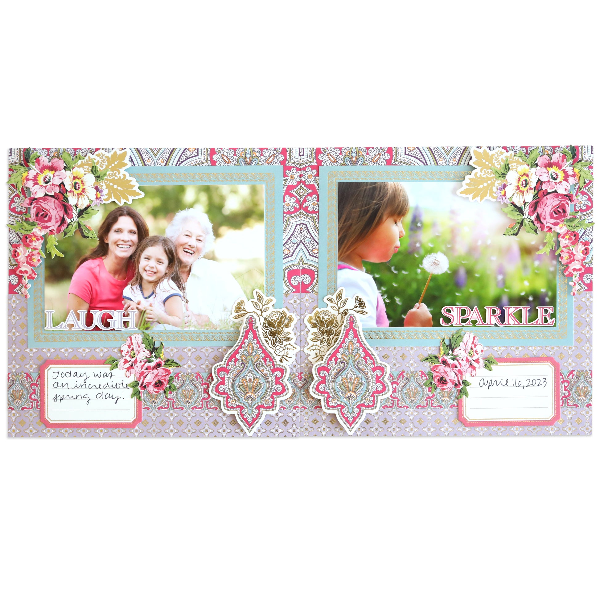 This scrapbook page from the Simply Paisley Mini Album showcases stunning floral embellishments and two family photos titled "Laugh" and "Sparkle," capturing a memorable spring day with captions marking the date April 10, 2023.