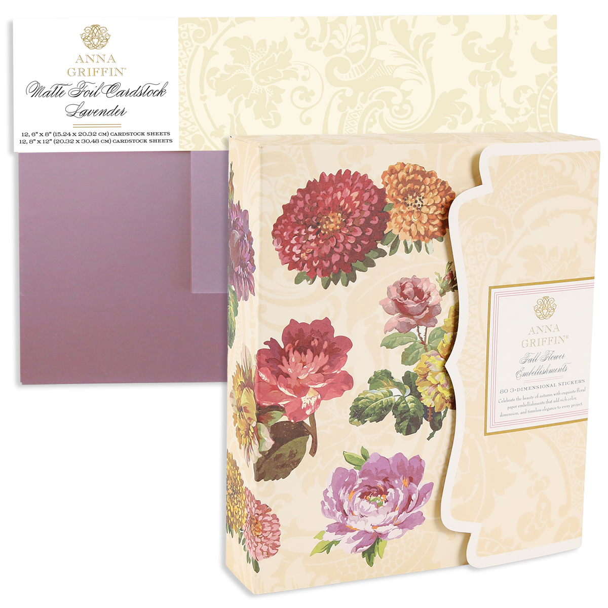 Fall Florals and Foil Bundles featuring a stack of lavender matte foil cardstock and a boxed set of three-dimensional autumn-colored dahlia and rose paper embellishments.