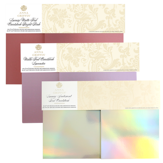 Three packs of Bright Pink, Lavender, and Iridescent Matte Foil Cardstock (250gsm), each with decorative top labels displaying product details.