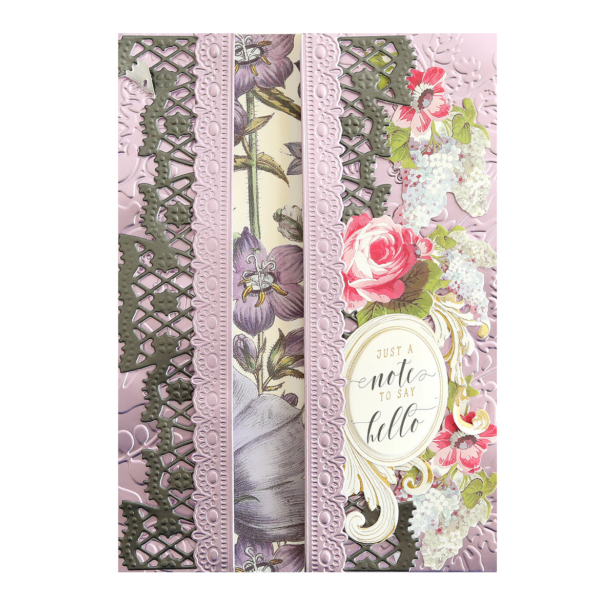 A decorative greeting card featuring intricate purple and silver floral designs with a round "Just a note to say hello" label, beautifully crafted using Luxury Matte Foil Cardstock Lavender and delicate embossing.