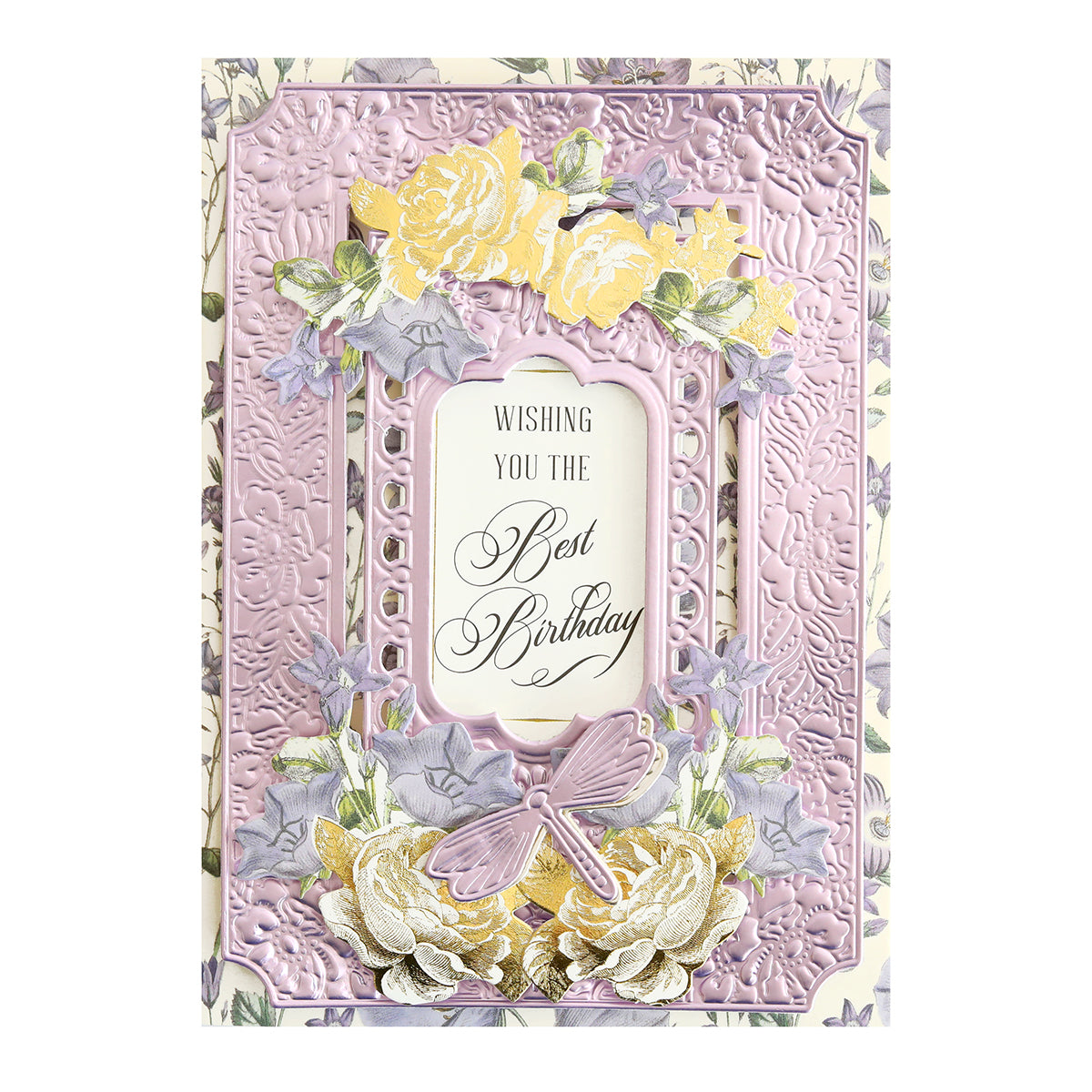 Luxury Matte Foil Cardstock Lavender birthday card featuring embossed purple and yellow floral designs, diecut details, a dragonfly motif, and "Wishing you the Best Birthday" message at the center.