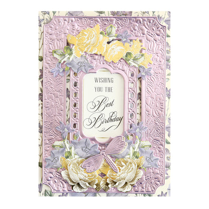 Luxury Matte Foil Cardstock Lavender birthday card featuring embossed purple and yellow floral designs, diecut details, a dragonfly motif, and "Wishing you the Best Birthday" message at the center.