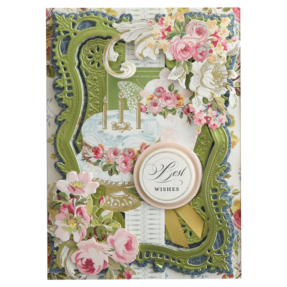 A luxury matte foil cardstock greeting card called "Green" features floral patterns, an ornate green and gold frame, and an elegantly embossed "Best Wishes" message at the center.