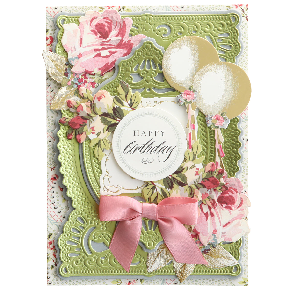 The Luxury Matte Foil Cardstock Green birthday card showcases embossing with pink roses, gold balloons, a pink ribbon, and an ornate green frame. The "Happy Birthday" message completes this elegant design beautifully.