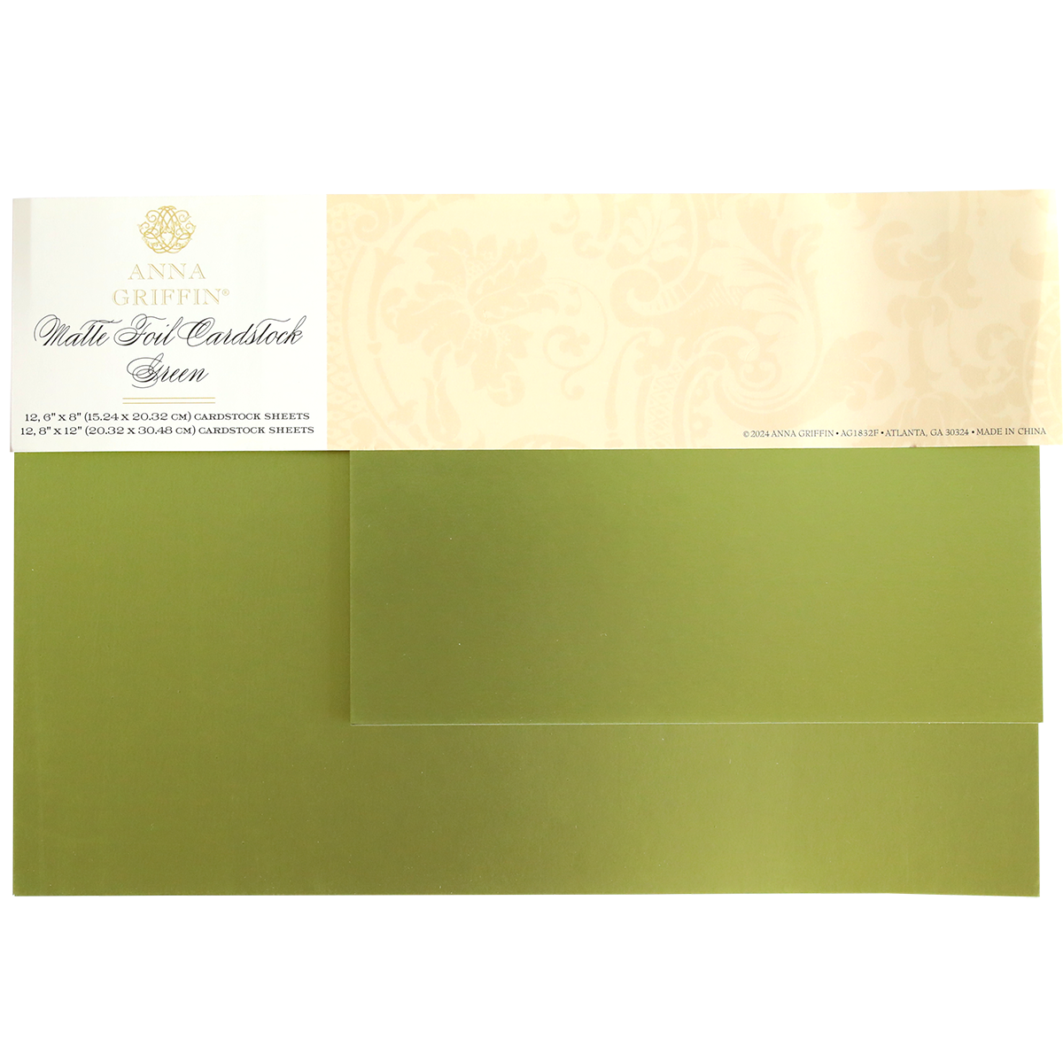 The Luxury Matte Foil Cardstock Green offers a set of sheets featuring an ornate floral pattern on the top section, perfect for embossing.