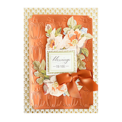 Introducing the Fall Matte Foil Cardstock Bundle—create a stunning greeting card showcasing an ornate orange and gold floral design, “Blessing to you” elegantly centered, and accented with an orange ribbon bow. Perfect for crafters who appreciate premium-quality card making supplies.