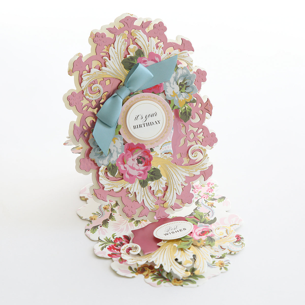 Luxury Matte Foil Cardstock Pink birthday card features ornate floral patterns, gold accents, a blue bow, and die-cut details with "It’s your birthday" and "Best wishes" messages.