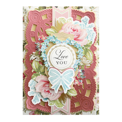 The Luxury Matte Foil Cardstock Pink card features pink roses, gold accents, blue flowers, a blue butterfly, and "Love You" in elegant script, all intricately diecut on premium matte foil cardstock.
