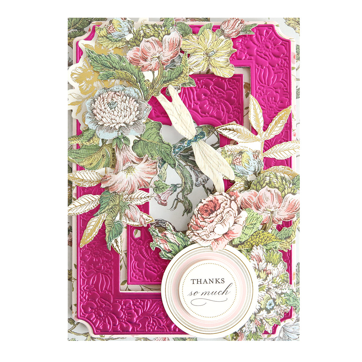 A decorative card with layered pink and floral patterns, embossed designs, and a round tag that reads "THANKS so much.