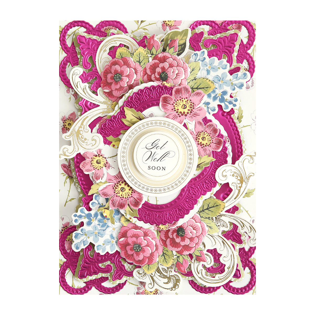 A decorative "Get Well Soon" card made with Luxury Matte Foil Cardstock in Bright Pink, featuring ornate floral designs, intricate diecutting, and layered embellishments for an elegant touch.