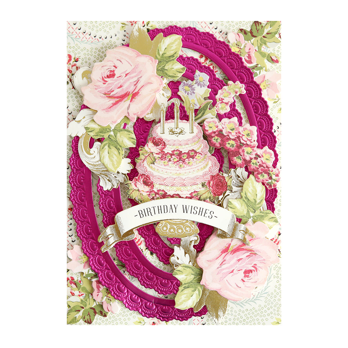 A decorative card with pink roses, a layered birthday cake with candles, and a "Birthday Wishes" banner on an ornate pink background, crafted from Luxury Matte Foil Cardstock Bright Pink for an elegant touch.