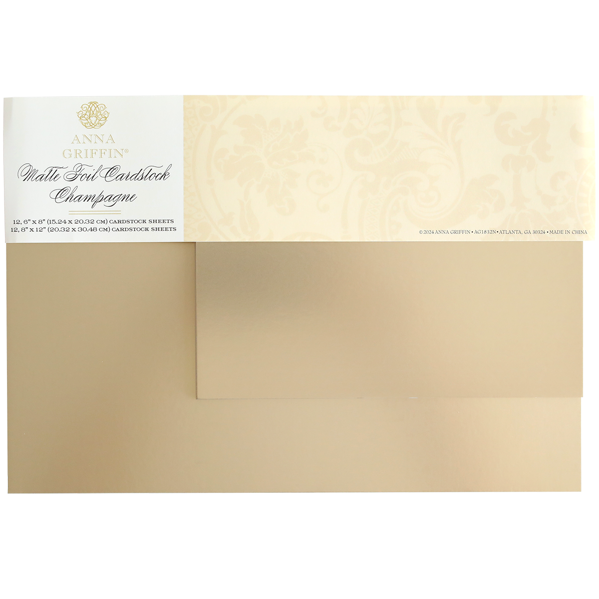 Luxury Matte Foil Cardstock in Champagne, featuring a decorative floral pattern and elegant label.