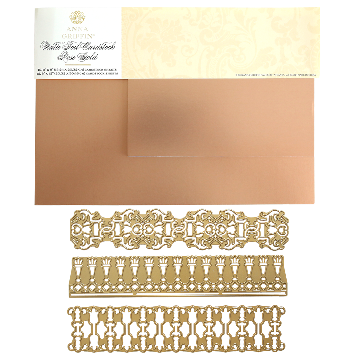 12″ Regal Trimmings Border Dies in ornate gold designs are shown alongside rose gold matte foil cardstock sheets, all displayed on a white background with the product packaging at the top.