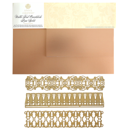 12″ Regal Trimmings Border Dies in ornate gold designs are shown alongside rose gold matte foil cardstock sheets, all displayed on a white background with the product packaging at the top.