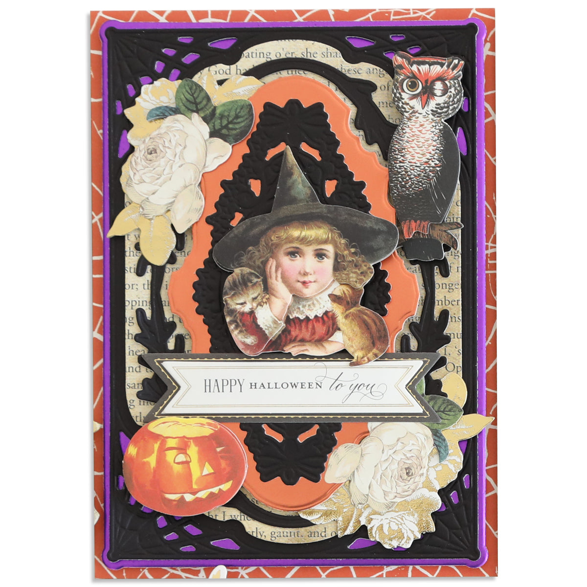 A vintage-style Halloween card features a child in a witch hat, owl, carved pumpkin, white roses, and "Happy Halloween to you" on layered ornate backgrounds crafted with Luxury Matte Foil Cardstock Champagne and Black.