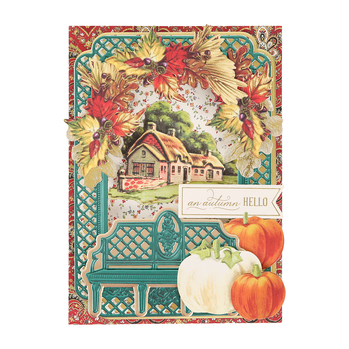 Harvest Embellishment Stickers featuring a cottage, autumn wreath, teal bench, and three pumpkins with the message “an autumn HELLO” on a floral background, accented by charming details for a cozy seasonal touch.