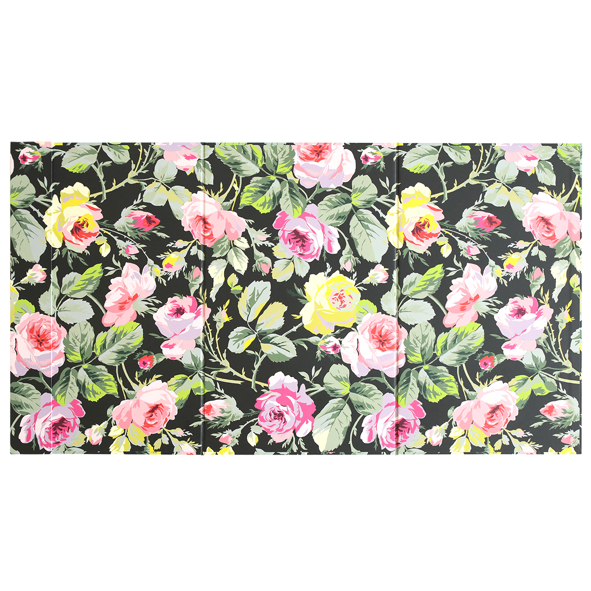 A rectangular Magnetic Die Stand in the Grace Black design, featuring pink, yellow, and red roses with green leaves on a black background, adds a charming touch to any craft room.