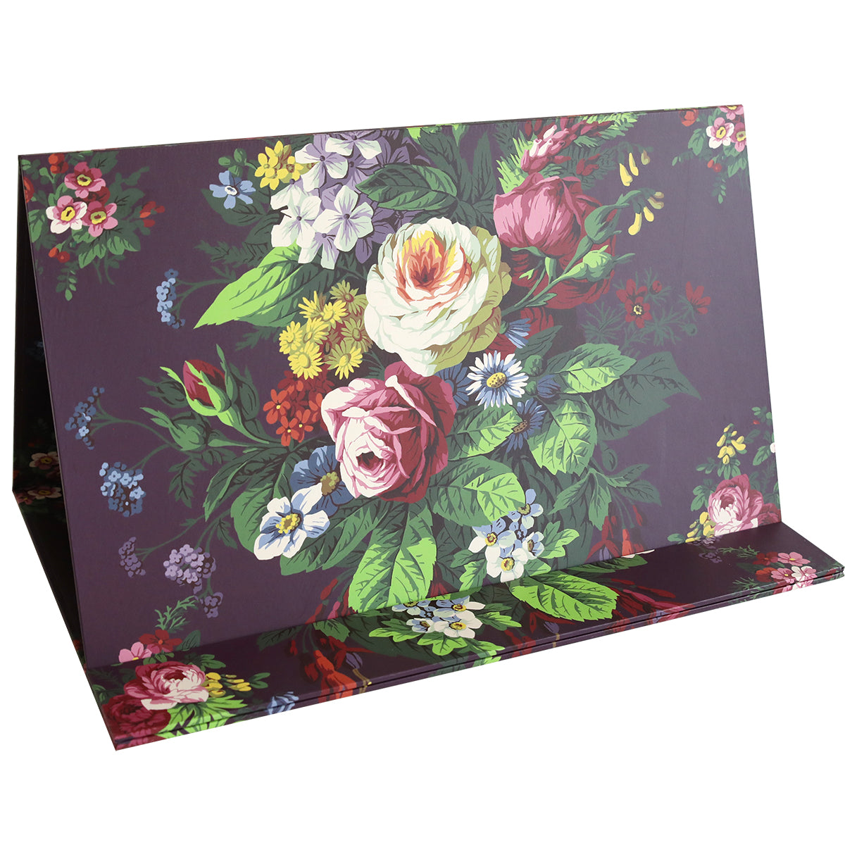 The Magnetic Die Stand Astrid, featuring a charming floral design with various colorful flowers on a dark background, would make a delightful addition to any craft room.