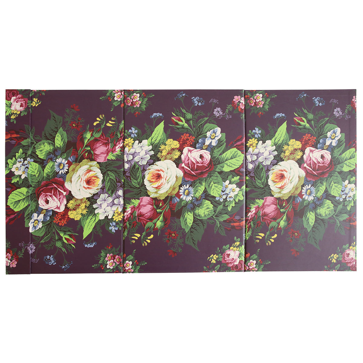 A four-panel folding screen with a floral design featuring various flowers, including roses and daisies, set against a dark background—perfect for adding a touch of elegance to your craft room. Introducing the Magnetic Die Stand Astrid.