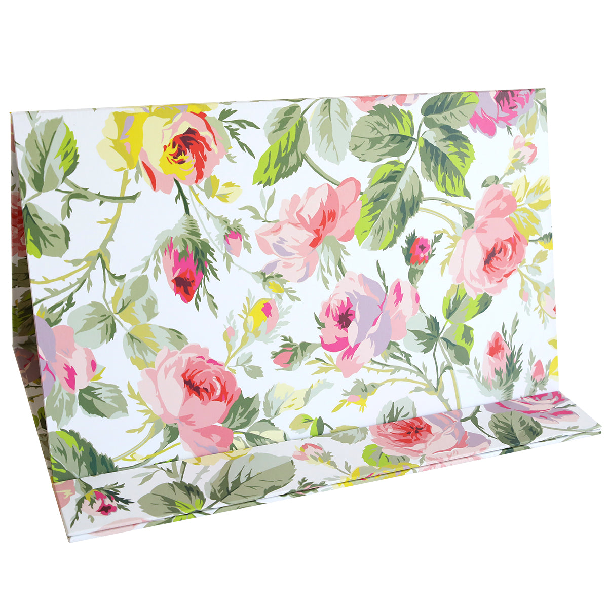 Patterned wallpaper featuring pink, yellow, and red roses with green leaves displayed vertically and horizontally adds a charming touch to any craft room, making it as inviting as an organized Magnetic Die Stand Grace White station.