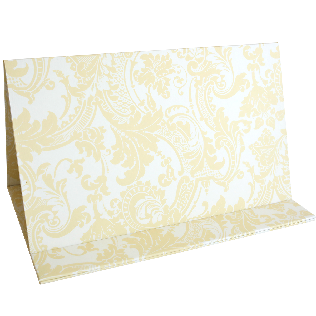 The "Magnetic Die Stand Ivory Damask" features a folded card with a light yellow and white damask pattern, perfect for adding a touch of elegance to your craft room while keeping your dies organized and on hand.