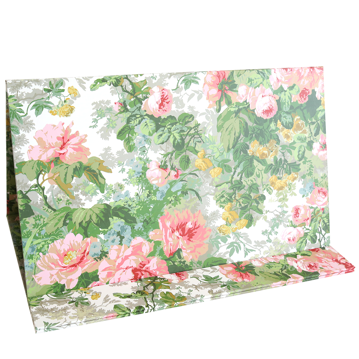 A stylish folding screen named the Magnetic Die Stand Virginia, featuring a charming floral pattern with pink, green, and yellow flowers on a pristine white background, is perfect for enhancing your crafting space.