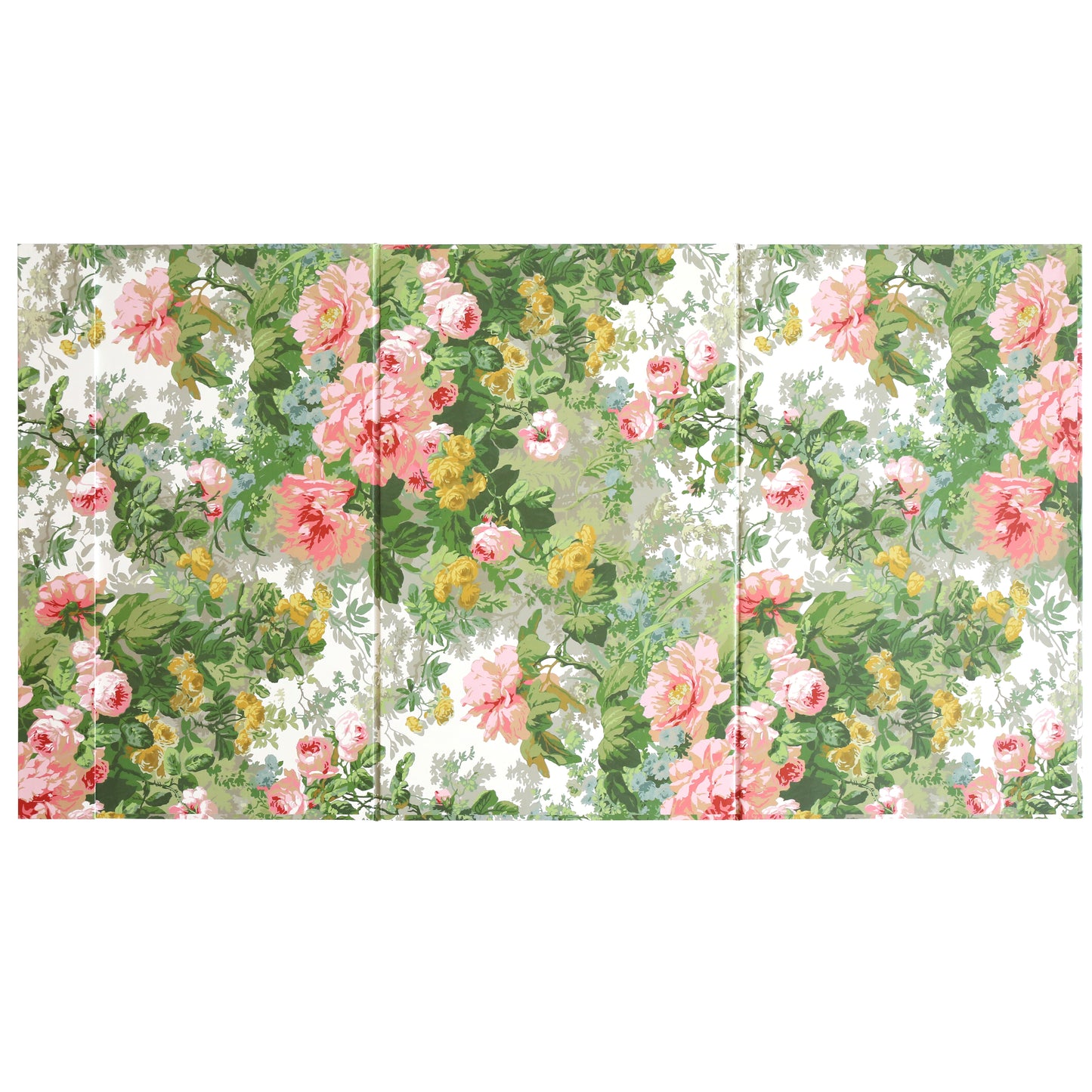 Three panels of floral wallpaper, featuring a detailed pattern of pink, peach, and yellow flowers with green leaves on a light beige background, create the perfect backdrop for a crafting corner. Pair them with the Magnetic Die Stand Virginia to keep all your organized dies within easy reach.