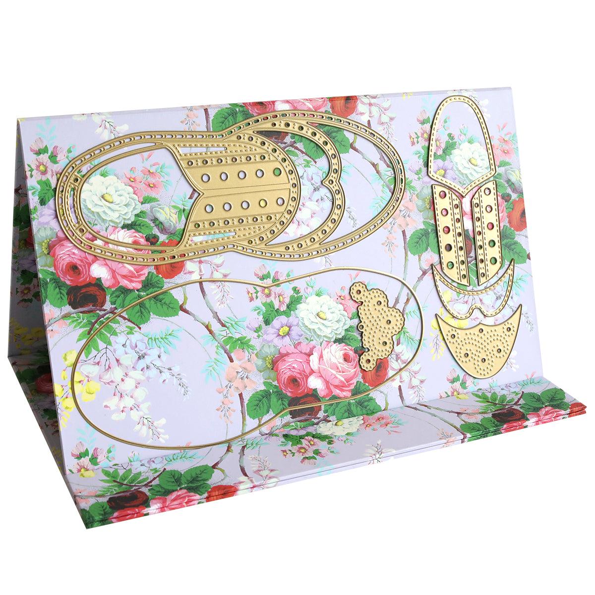 Image of the Magnetic Die Stand Lillian, showcasing its floral-patterned paper and ornate, gold-trimmed perforated designs. Perfect for organizing dies and enhancing your crafting space.