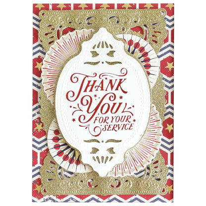 A decorative card made from Luxury Glitter Cardstock (230gsm) showcases gold, red, white, and blue patterns with "Thank You for Your Service" in ornate red lettering on a white plaque.